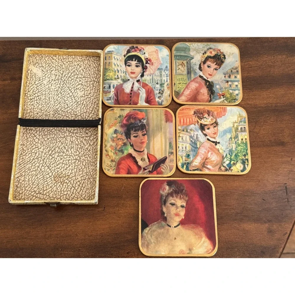 Vintage Win-El-Ware Box if Parisienne Ladies Drink Coasters, Set of 5